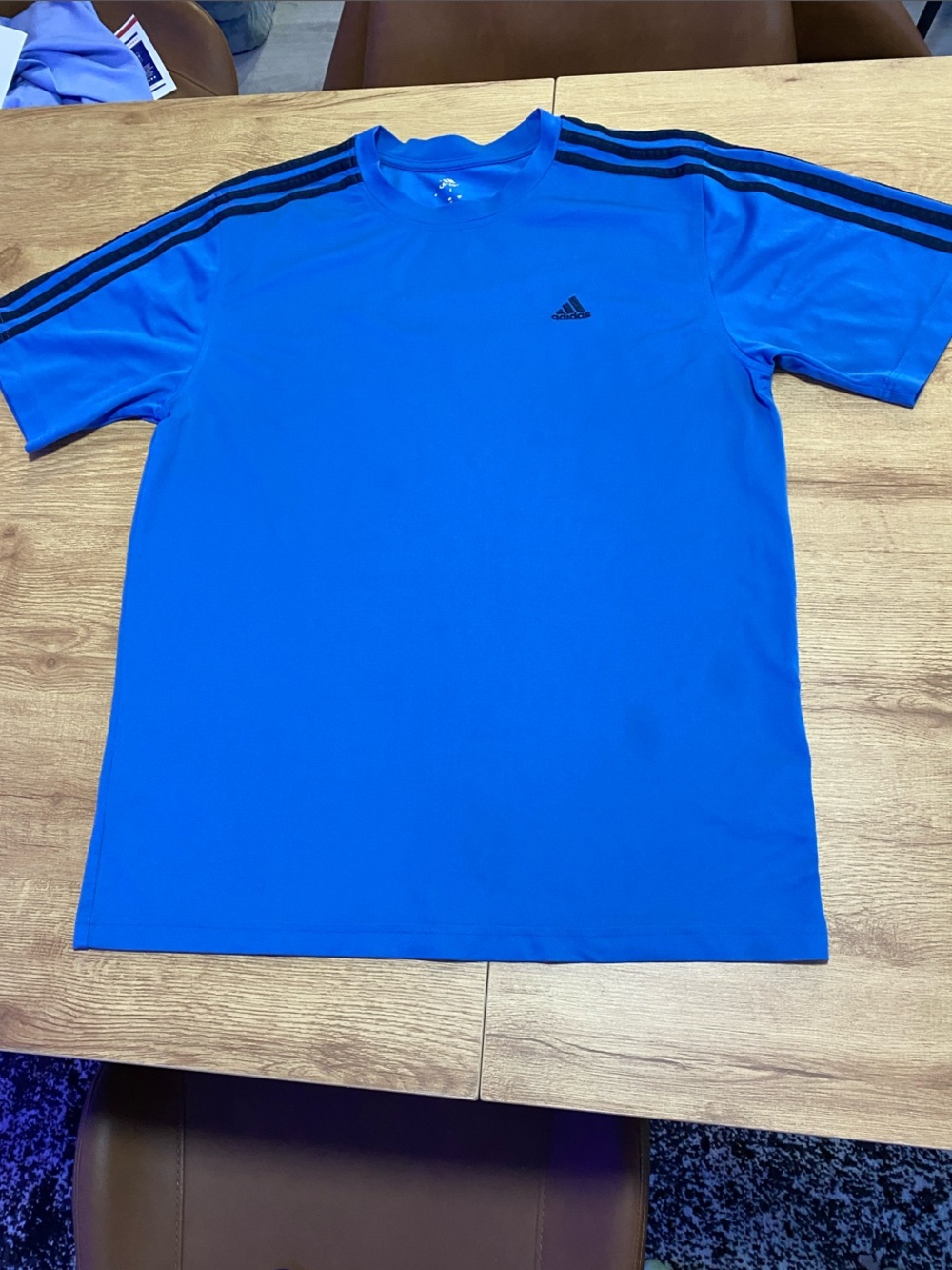 adidas Bright Blue Short-Sleeve Athletic Tee with Black Shoulder Stripes